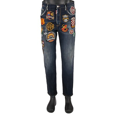 #ad DSQUARED2 Distressed BRAD JEAN Football Crown Lion Patch Jeans Pants Blue 13650 $426.40