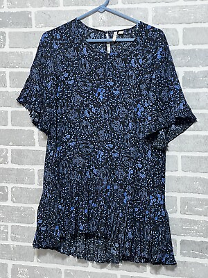 #ad Cato Women’s 14 16 Blue Flora On Black Top Short Ruffle Sleeve Preowned $12.95
