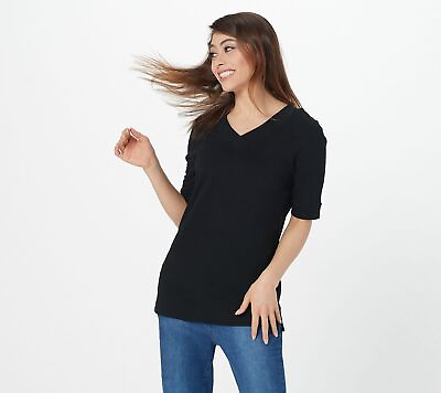 #ad Isaac Mizrahi Live Rounded V NeckThick Band Inset Knit Top Women#x27;s Sz M Black $13.85