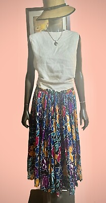#ad Vintage Indian Floral Broomstick Skirt Drawstring Gauzy Cotton BoHo Midi Maxi ML $39.97