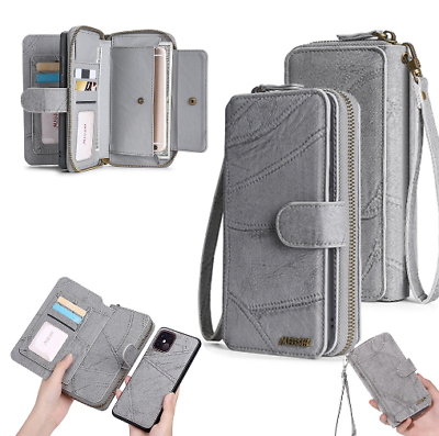 #ad For iPhone Samsung Leather Zipper Magnetic Card Removable Flip Wallet Phone Case $14.37