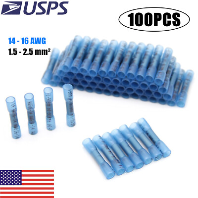 #ad 100Pcs 14 16AWG Blue Wire Butt Connectors Heat Shrink Waterproof Splice Terminal $9.72