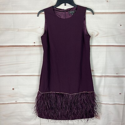 #ad Tahari ASL Dress Women 4 Feather Trim Shift Purple Sleeveless Rhinestone Stretch $20.99