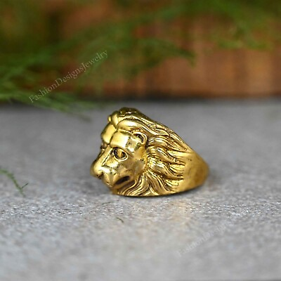 #ad mens Ring Yellow Gold Lion Head Ring Brass Ring $18.70