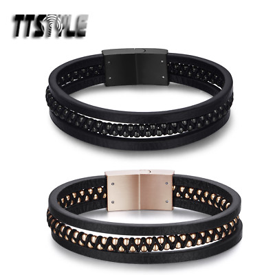 #ad TTstyle Thick Leather S.Steel Beaded Bracelet Wristband Black Rose Gold NEW AU $26.99