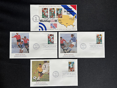 #ad 2834 36 World Cup Soccer 3 std covers 1 combined cover FDC Fleetwood 1994 $7.95