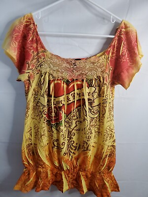 #ad F.A.N.G Women#x27;s size Medium Off the Shoulder Lace Front Love amp; Peace Blouse $16.15