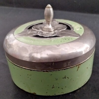 #ad Art Deco Vintage POWDER JAR CHASE METALWORKS Green Black Silvertone Glass Liner $17.63
