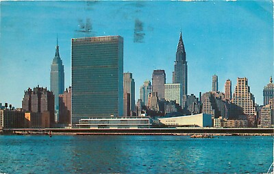 #ad Manhattan Skyline view from East River NYC New York NY pm 1969 Postcard $2.99