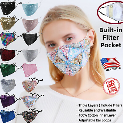 #ad Reusable Face mask with FILTER Sequin Sparkle Glitter Bling Fashion Party Gift $5.99