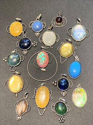 #ad Glass Cabochon Pendant Lot Of 16 Silver Plated Jewelry Making Crafting New PF2 $29.99