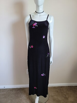 #ad VTG TRUE Y2K Currants Long Black Velvet Maxi Dress sz medium pink purple floral $80.00