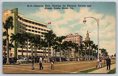 #ad Miami Florida Biscayne Blvd Showing Terrace amp; Alcazar Hotels Vintage Linen PC $2.96