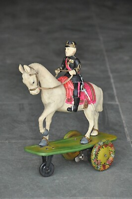 #ad Vintage Wind Up Litho Tin amp; Celluloid Horse Rider Commander Toy Japan $495.00