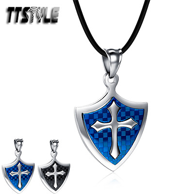 #ad TTstyle Black Blue Stainless Steel Cross Shield Pendant Necklace NEW AU $24.99