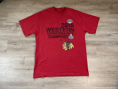 #ad Men’s 2010 Chicago Blackhawks NHL Hockey champions Sz L Red Short Sleeve T Shirt $6.21