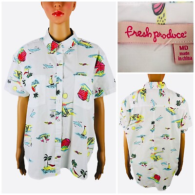 #ad Fresh Produce Womens Medium Top Blouse Button Front White Beach Vacation EUC $29.99