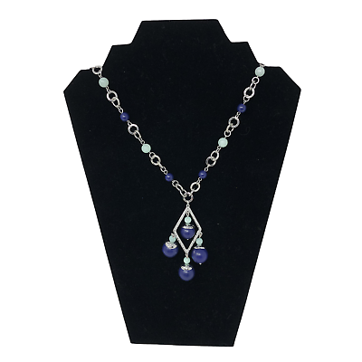 #ad Lia Sophia Necklace Long Silvertone Blue Green Beads Statement $9.99