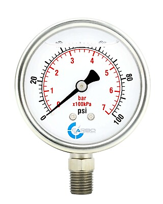 #ad 2 1 2quot; Pressure Gauge Stainless Steel Case Liquid Filled Lower Mnt 100 PSI $11.95
