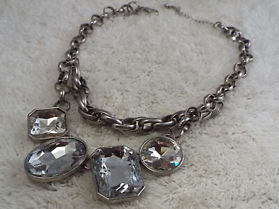 #ad Silvertone Glass Rhinestone Bling Necklace G16 $15.13