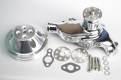 #ad Small Block Chevy CHROME Short Aluminum Water Pump w 2 Double Groove Pulley Kit $129.59