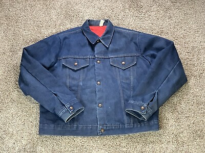#ad JCPenny Jean Jacket XL Blue Mens Heavy Denim Jacket Quilted Red Lining Vintage $40.00