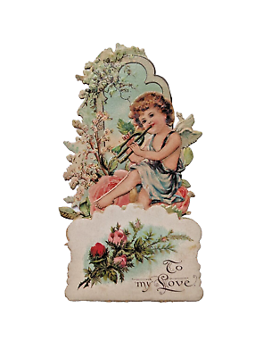 #ad Antique German Valentine Card Popup 1920s Cherub Playing Flute Roses To My Love $40.85