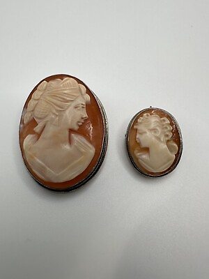 #ad Vintage 800 Silver Gold Accent Mother Daughter Cameo Shell Brooch Pendant Set $250.00