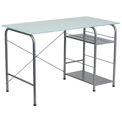 #ad Computer Desk with Silk White Tempered Glass Top Open Storage amp; Metal Base $179.95