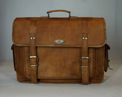 #ad Men#x27;s 16quot; goat leather messenger Real satchel bag Inside Large Laptop briefcase $61.10