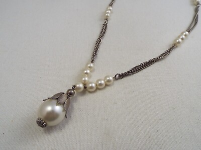 #ad Silvertone White Bead Pendant Necklace A14 $8.98