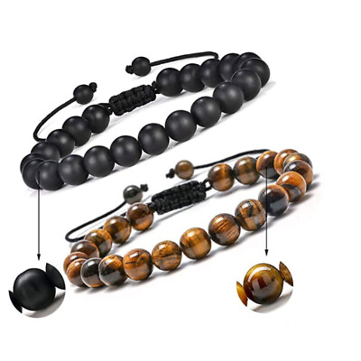 #ad Adjustable 8mm Tiger Eye Lava Rock Stone Mens Anxiety Stress Relief Bracelets $7.17