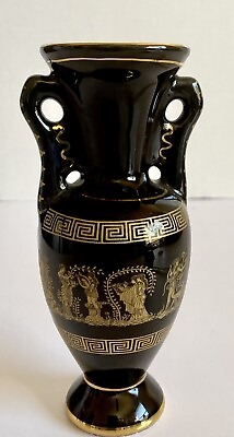 #ad Greek Vase black 24K Gold handpainted 6” Museum Reproduction Vintage $36.00