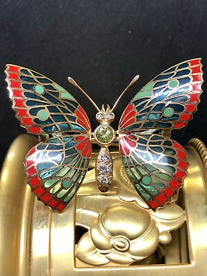 #ad Vintage 18K Diamond En Tremblant Plique A Jour Enamel Butterfly Brooch Pin $2340.00