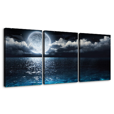 #ad Blue Ocean Under Moonlight Calmful Heart 3 Pieces canvas Wall Art Picture Poster $29.99