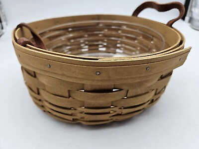 #ad Longaberger 2002 Round Gathering Basket w Dual Leather Hand With Protector $36.00
