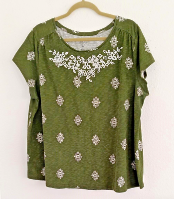#ad St Johns Bay Green amp; White Embroidered Short Sleeve Blouse Size 1X $8.97