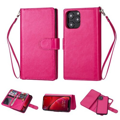 #ad Leather Wallet Removable Magnetic Dual Case Cover for iPhone 13 Pro 6.1 HOT PINK $8.95