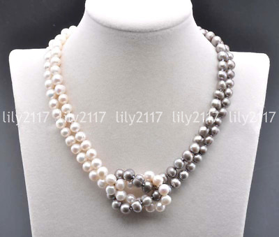 #ad Natural 2 Rows 7 8mm Genuine White Gray Akoya Cultured Pearl Necklace 18quot; $25.19