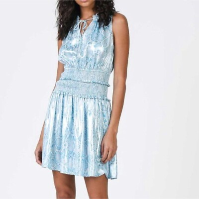 #ad Current Air Aqua Blue Satin Snake Print Sleeveless Smocked Waist Mini Dress M $37.99