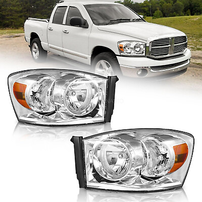 #ad Chrome Headlights For 2006 2007 2008 Dodge Ram 1500 2500 3500 Amber Reflector $77.99