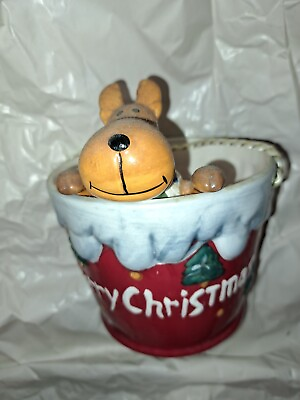 #ad Ceramic Christmas Bucket with Reindeer Inside Vintage Holiday NEW $19.99