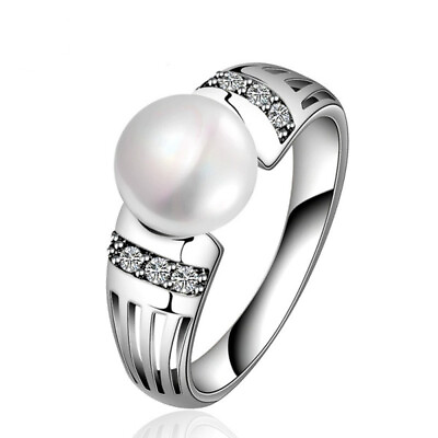 #ad R191 Women Fashion Jewelry 18K White Gold GP Engagement Wedding Pearl Ring Gift $6.40