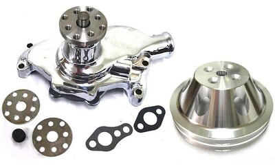 #ad Small Block Chevy CHROME Short Aluminum Water Pump w 2 Double Groove Pulley Set $128.95