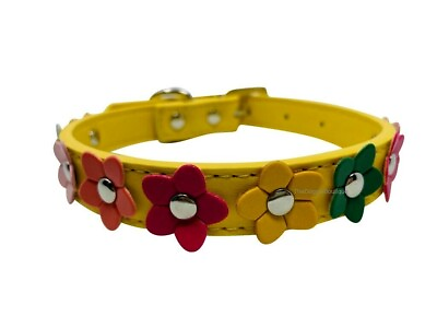 #ad Dog Collar Adjustable Spring Yellow with Flowers Faux Leather XS S M L $7.99