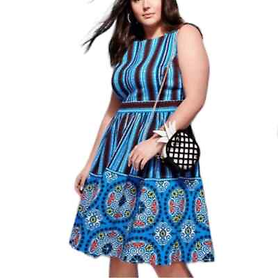 #ad Tracy Reese Fit Flare Dress Sleeveless Pleated Textured Blue Multi Women’s 18W $60.00