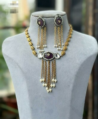 #ad Real Kundan Enameled Necklace Set Bollywood Gold Plated Aqua Handmade Jewelry $97.74