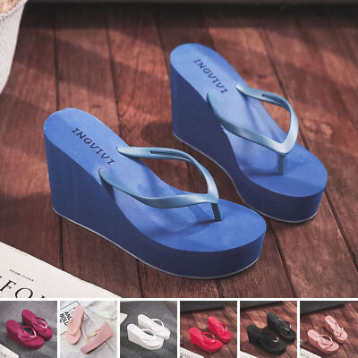 #ad Womens Wedges Flip Flops Summer High Heels Sandals Platform Slippers Solid Shoes $23.27