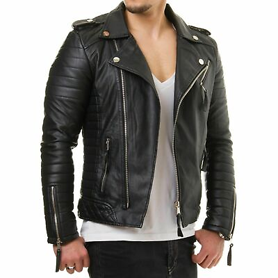 #ad Men Motorcycle Genuine Lambskin Leather Jacket Black Slim fit Biker jacket $59.98