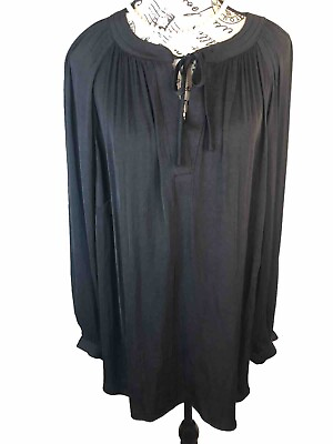 #ad Nine West Womens 2X Black Pin Tucked Blouse L S Tie Front $17.95